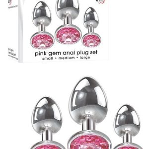 Adam and Eve 3 Piece SIlver Butt Plug Anal Training Kit with Pink Gem Base