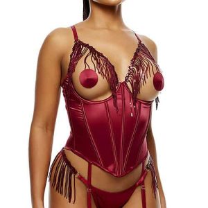 Forplay Peep Show 3 Piece Satin Bustier Set with Panty & Nipple Pasties