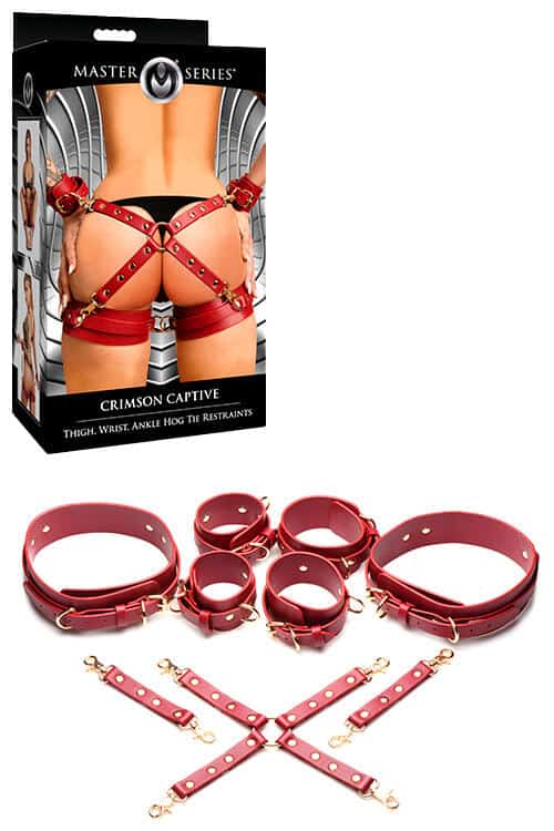 Master Series Crimson Captive Thigh, Wrist & Ankle Hog Tie Restraint Set Master Series Crimson Captive Thigh, Wrist & Ankle Hog Tie Restraint Set