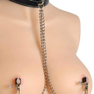 Master Series Leather Bondage Collar with Nipple Clamps